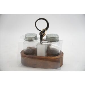 Rustic Glass Salt Pepper Shakers Wooden Caddy‎ Metal Handle
